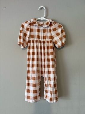 Kate Quinn Brown and White Gingham Bubble Sleeve Romper